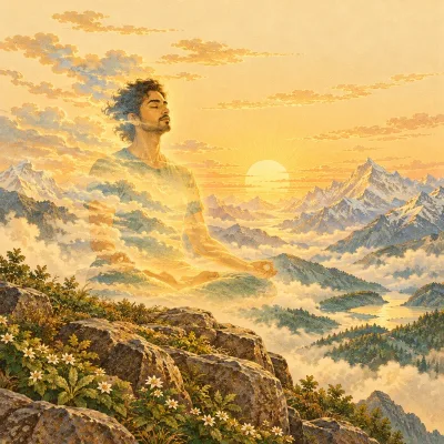 A meditator on a Himalayan ridge whose outline dissolves into the sky