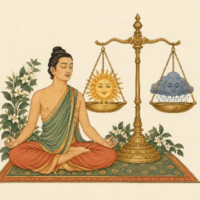 A meditator beside a brass balance that holds a sun and a raincloud perfectly level