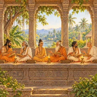 Six sages seated in three pairs on a stone veranda, each pair sharing a brass lamp and palm-leaf manuscripts, one of the middle pair in meditation