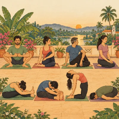 Practitioners on a terrace in different sitting and kneeling yoga postures, including twists and forward bends
