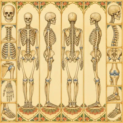An anatomical drawing of a skeleton standing in Tāḍāsana