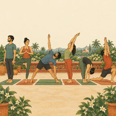 Practitioners on a terrace, each in a different standing yoga posture