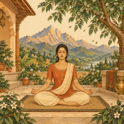 A practitioner seated steady and at ease in Sukhāsana in an Indian courtyard