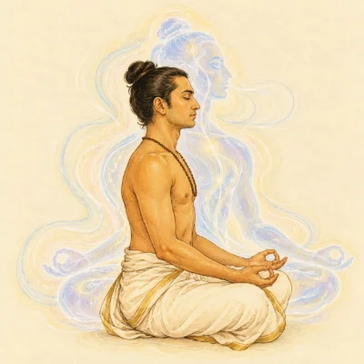 A meditator whose solid, earth-coloured body is outlined by a faint translucent body of light