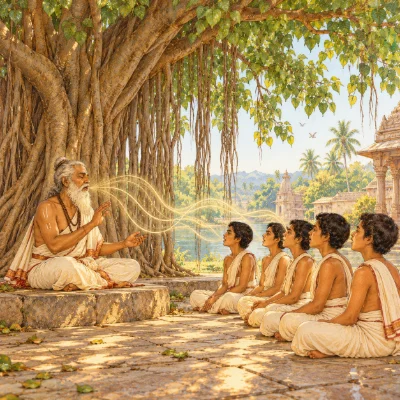 A white-bearded teacher chanting under a banyan tree while a row of young students in white dhotis chant back, curling lines of sound between them