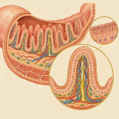 An anatomical drawing of the small intestine wall with finger-like villi, one magnified to show its blood vessels