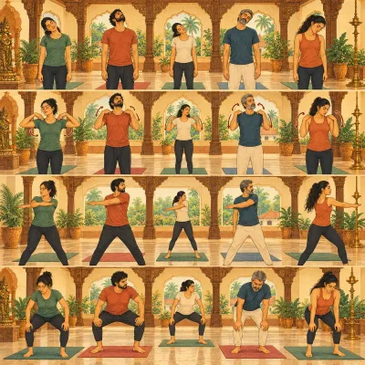 Students in a morning warm-up, loosening their joints before āsana practice