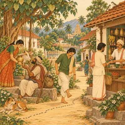 A village scene of kindness: water for a traveller, care for ants, honest change returned
