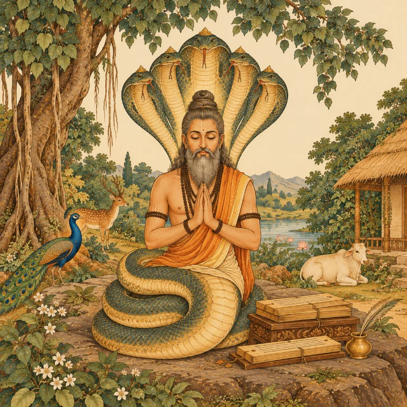 The sage Patañjali in his traditional form, half sage and half serpent, beside palm-leaf manuscripts