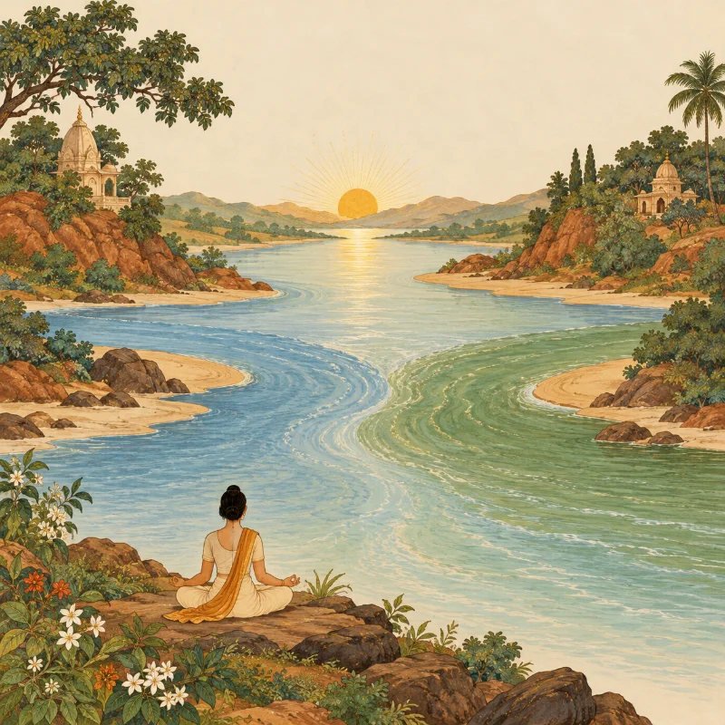 Two rivers, one blue and one green, merging at a sangam at sunrise while a figure meditates on the bank