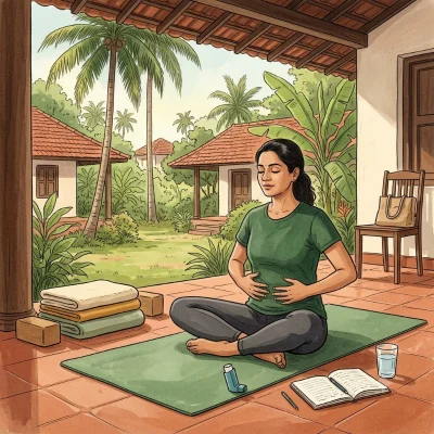 A woman sits cross-legged on a mat with both hands on her belly, breathing slowly; an inhaler lies on the mat beside her