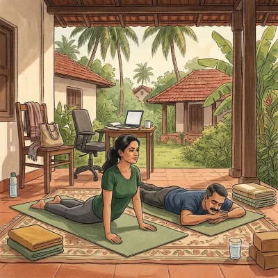 On a veranda, a woman lifts her chest in a gentle cobra pose on her mat while a man rests face down beside her in crocodile pose, head on folded arms; an office chair and laptop stand behind them