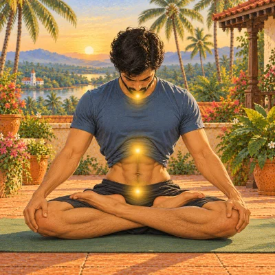 A man seated cross-legged, hands pressing the knees and chin lowered to the chest, with three soft golden glows down the front of the body marking the throat, abdominal and root locks