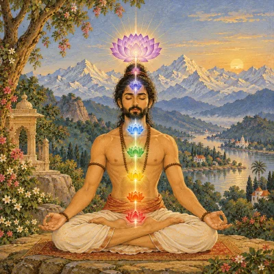 A long-haired yogi meditates cross-legged before snowy mountains at sunrise, seven glowing lotuses stacked along his spine from a red one at the base to a large violet lotus above his head