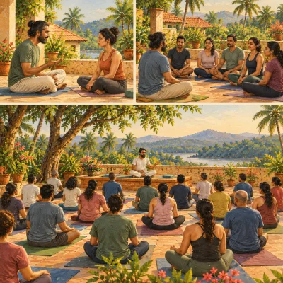Three scenes: a teacher sitting facing one student on a terrace, a teacher with five students in a semicircle, and a teacher on a low raised platform leading a large outdoor class seated on mats in rows