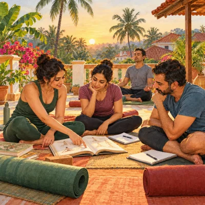 Yoga students on a Goan terrace at sunrise: one points at a page of an open book while two others listen, a fourth sits cross-legged behind them, with rolled mats, notebooks, palms and red-tiled roofs