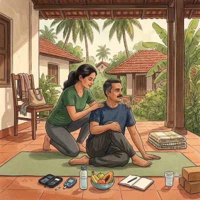 A yoga teacher kneels beside a middle-aged man sitting in a gentle seated twist on a mat; a glucose meter, a bowl of fruit and a notebook lie beside them