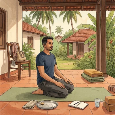 A man sits upright in thunderbolt pose, kneeling back on his heels on a mat, beside an empty plate after a meal