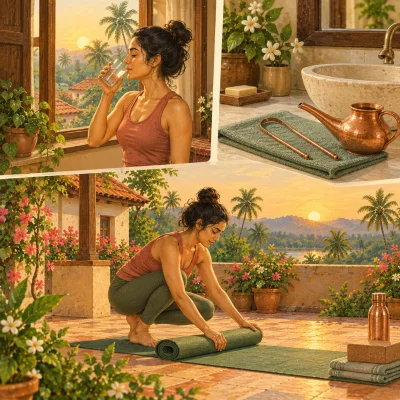 A woman in a vest and leggings drinks a glass of water at a window at sunrise; a copper tongue scraper and a neti pot rest on a towel by the basin; then she unrolls a mat on a terracotta terrace as the sun rises