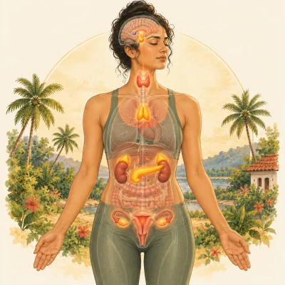A calm human silhouette in light outline, the endocrine glands glowing softly in their places: pituitary and pineal in the head, thyroid at the throat, thymus in the chest, adrenals above the kidneys, pancreas, and ovaries in the pelvis