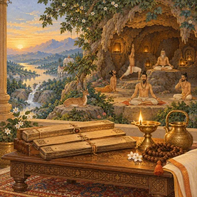 Three palm-leaf manuscripts tied with string on a low carved wooden desk beside an oil lamp, a rudrākṣa mālā and a brass water pot, with yogis practising in a cave hermitage behind