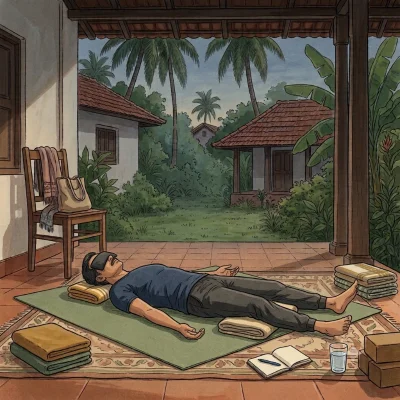 A man lies on his back on a mat in corpse pose with a soft eye pillow over his eyes, arms resting by his sides