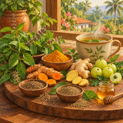 Fresh tulsi sprigs, turmeric root and powder, ginger, amla fruits, small bowls of cumin and ajwain seeds, a jar of honey and a steaming cup of herbal tea on a wooden board