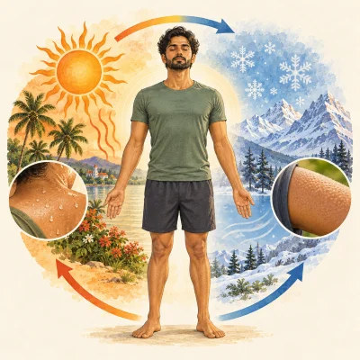 A calm figure standing at the centre of a balanced circle, a hot sun and sweat drops on one side, snowflakes on the other, with curved arrows around the circle