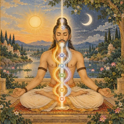 A yogi seated cross-legged, eyes closed, with a silver channel and a golden channel spiralling around a bright central channel along his spine, under a sun and a crescent moon