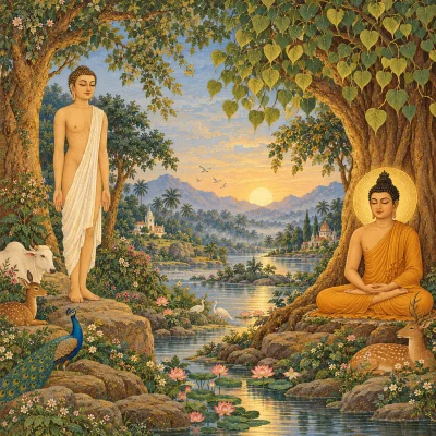 One landscape with Mahāvīra standing in kāyotsarga, arms hanging straight down, under a tree on the left and the Buddha seated in meditation under the Bodhi tree on the right