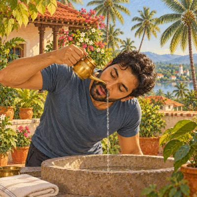 A man leaning over a stone basin in a garden, head tilted to one side, pouring lukewarm salt water from a small brass neti pot into his upper nostril while it runs out of the lower one