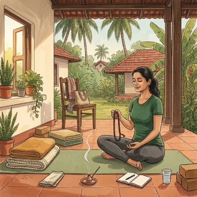 A woman in a green T-shirt sits cross-legged on a mat on a veranda, eyes closed and smiling, passing the beads of a mālā through her fingers while a stick of incense burns in front of her