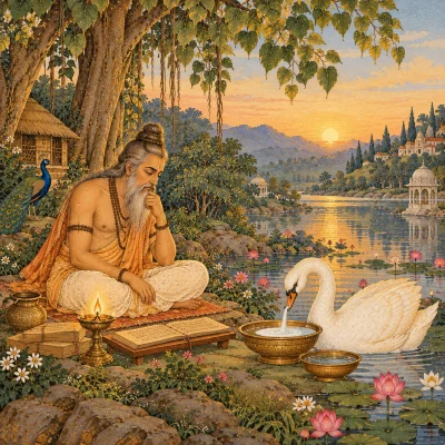 A sage in contemplation beside a still lake, a white swan before him separating milk from water in a bowl, a lamp glowing beside an open palm-leaf manuscript