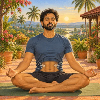 A man seated cross-legged with a straight spine, hands on the knees in chin mudrā and eyes closed, his belly drawn sharply in on a quick breath out