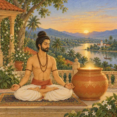 A yogi seated in meditation beside a large clay pot filled to the brim with softly glowing air, above a calm river at dawn