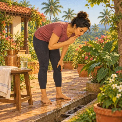 Early morning in a garden: a woman in activewear standing beside a drain, bending forward from the waist with two fingers raised near her lips, a jug and a glass of lukewarm salt water on a stool beside her