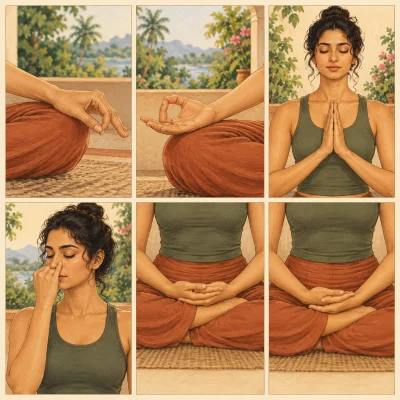 Six panels of a woman’s hands in mudrās: thumb and index fingertips joined on the knee, once palm down and once palm up (chin and jñāna mudrā), añjali mudrā at the chest, nāsikā mudrā at the nose, and dhyāna and bhairava mudrā with the hands resting in the lap