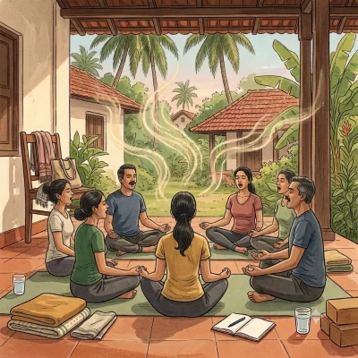 Men and women in activewear sit cross-legged in a circle on a veranda, eyes closed, chanting together, soft swirls of sound rising among them