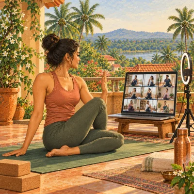 A yoga teacher on a sunny terrace sitting in a seated twist facing a laptop on a stand with a ring light, a grid of students practising at home on the screen