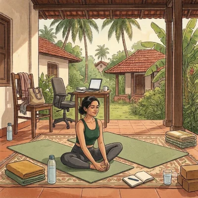 A young woman sits on a mat on a veranda in bound angle pose, the soles of her feet together and her hands holding her feet, eyes softly lowered