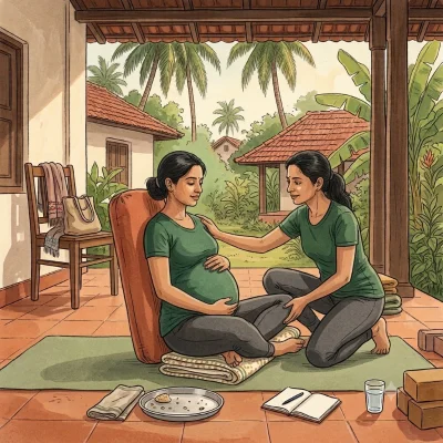 A pregnant woman reclines against a bolster on a mat, both hands on her belly, while a yoga teacher kneels beside her with a hand on her shoulder