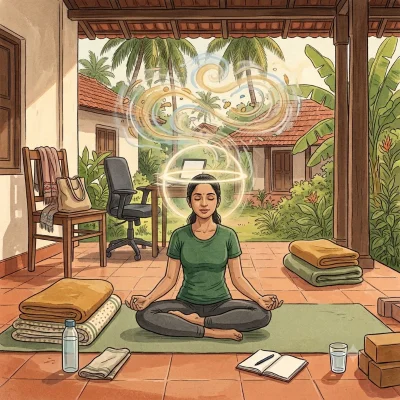 A young woman seated on a terrace with her eyes closed, translucent swirls around her head for thoughts, emotions and memories gently settling into a calm, clear circle of light