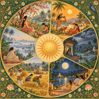 A round painting of six seasons around a central sun: spring blossoms, a summer beach with coconut water, monsoon rain over a village, a full moon over water in autumn, a rice harvest in early winter and a misty late-winter morning