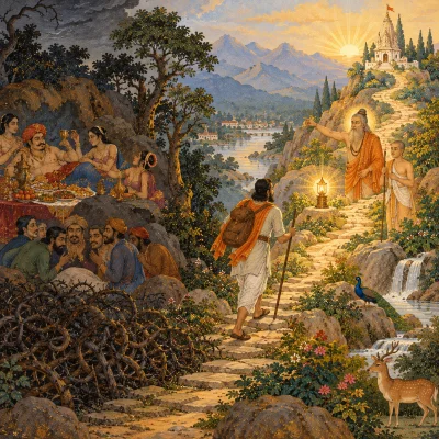 A pilgrim on a mountain path toward a temple at sunrise, a glowing lamp, a walking staff and a teacher on the bright side, an overflowing feast, a gossiping crowd and thorns on the shadowed side