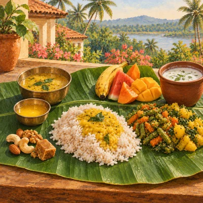 A light Indian meal on a banana leaf: rice, yellow moong dal, two vegetables, a little ghee, buttermilk, fruit, nuts and jaggery