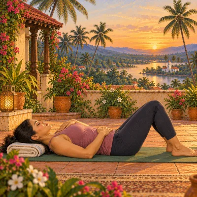 A woman lying on her back on a mat, knees bent, hands resting on her belly and chest, eyes closed, watching her breath in soft evening light