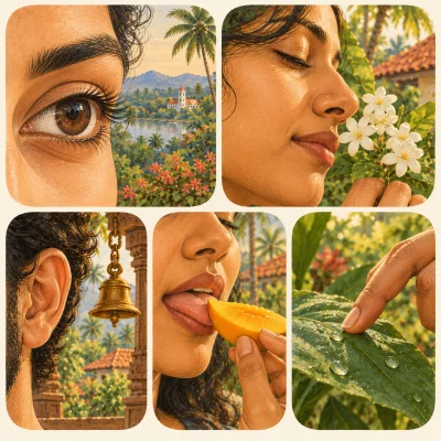 Five rounded panels in one square: a close-up of an eye, a nose smelling jasmine flowers, an ear listening to a brass temple bell, a tongue tasting a slice of mango, a fingertip touching a dewy leaf