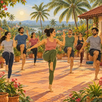A lively group on a terrace warming up with whole-body movements: jogging on the spot with knees high and arms swinging wide