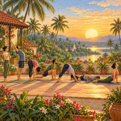 A row of practitioners at sunrise, each in a different position of the Sun Salutation, a large sun rising behind coconut palms