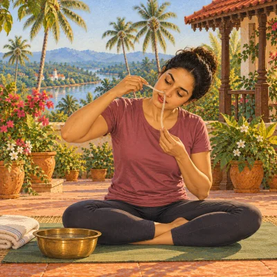 A woman seated calmly on a mat, gently guiding a thin, soft rubber catheter into one nostril, her other hand near her mouth, a small bowl of water beside her